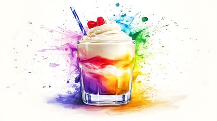 Canvas Print - Colorful Milkshake with Whipped Cream and Raspberries.