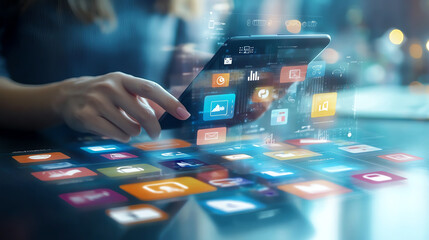 Person using tablet with digital applications. Concept of social media, network, internet, communication, and technology.