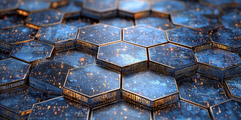Creative blue hexagonal background with binary code. Technology, design and landing page concept