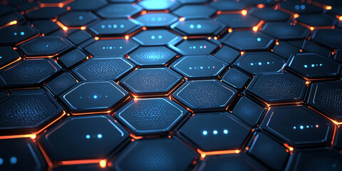 Creative blue hexagonal background with binary code. Technology, design and landing page concept