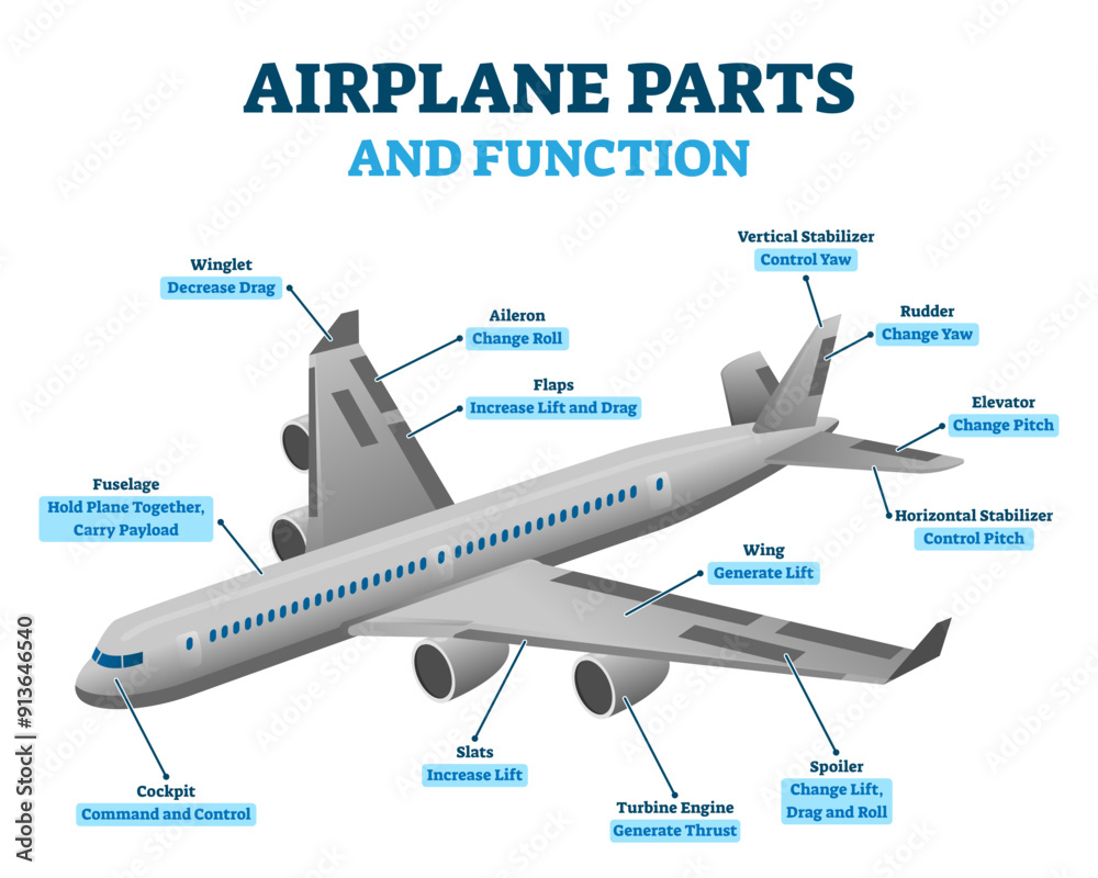 Airplane parts and functions, illustration labeled diagram, transparent ...
