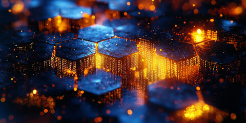 Creative blue hexagonal background with binary code. Technology, design and landing page concept