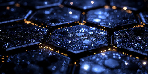 Creative blue hexagonal background with binary code. Technology, design and landing page concept