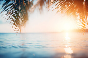 Abstract seascape with palm tree, tropical beach background. blur bokeh light of calm sea and sky. summer vacation background concept 