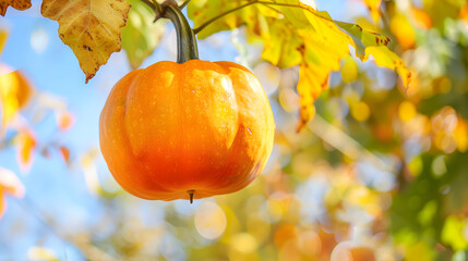 Poster - pumpkin hanging on the branch in the garden