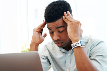 Aufkleber - African man, laptop and headache at office with stress, deadline or problem solving for project at startup. Person, writer and tired by pc, exhausted and pain with editing process at creative agency