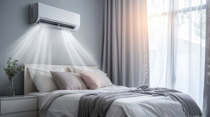 Poster - A stylish modern living room showcases comfortable furnishings and a wall-mounted air conditioner, illuminated by bright natural light from large windows. Generative AI
