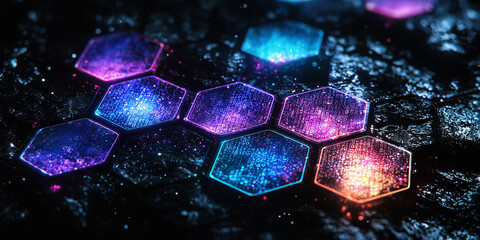 Creative blue hexagonal background with binary code. Technology, design and landing page concept