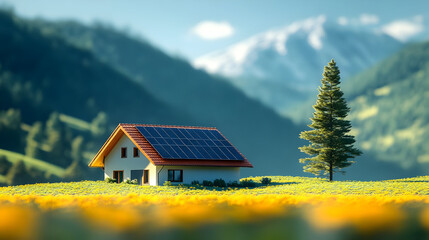 Wall Mural - A modern house with solar panels on a field of yellow flowers in a mountainous landscape.