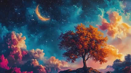 Wall Mural - tree on hill at night