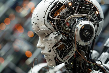 Poster - Detailed robotic head with exposed circuits and complex design.