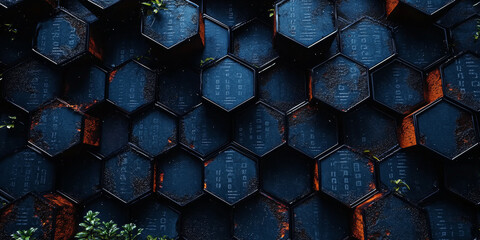 Creative blue hexagonal background with binary code. Technology, design and landing page concept