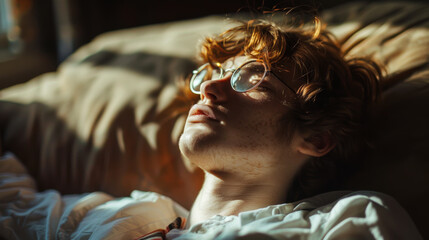 Wall Mural - A red-haired young man wearing glasses lies on a leather sofa, enjoying the sunlight. Handsome man relaxing indoors on the sofa. Lifestyle.