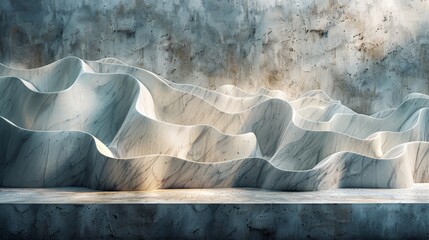 Poster - Intricate Curved Marble Sculpture Displayed Against Textured Wall in Dim Lighting