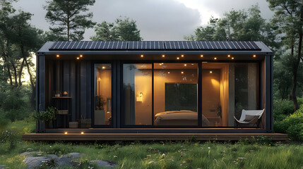 Canvas Print - Modern cabin with solar panels and a bedroom.