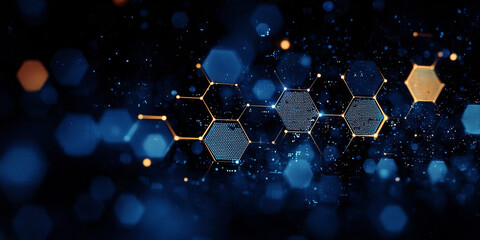 Creative blue hexagonal background with binary code. Technology, design and landing page concept