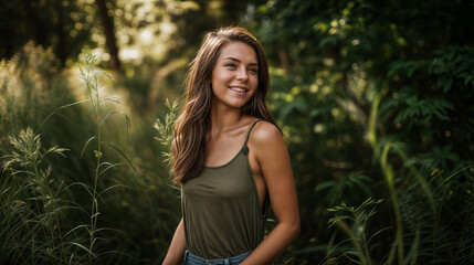 Young woman smiling in a green tank top, standing in a sunlit forest, surrounded by tall grass and lush foliage, summer afternoon, natural beauty and happiness