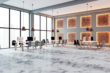 Wall Mural - Contemporary designer coworking office interior with panoramic windows, city view and designer wall with illuminated pattern. 3D Rendering.