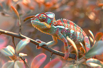 Sticker - Close-up of a vibrant chameleon perched on a branch, surrounded by soft, out-of-focus foliage.