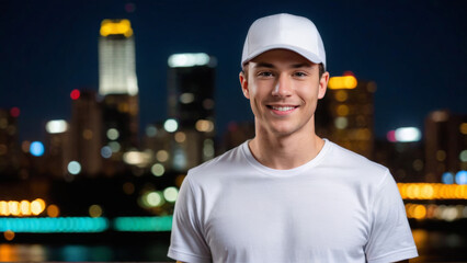 Young man wearing white t-shirt and white baseball cap standing on cityscape at night background