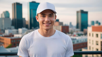 Young man wearing white t-shirt and white baseball cap standing on cityscape background