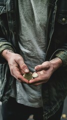 A person examines various coins with a thoughtful expression while standing in a sunlit outdoor setting