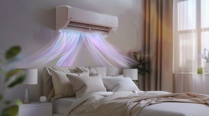 Aufkleber - A contemporary living room showcases elegant furnishings and a wall-mounted air conditioner, ensuring a cool and inviting atmosphere. Generative AI