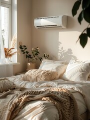 Poster - Stylish living room featuring an air conditioner, soft textiles, and potted plants, creating a warm and inviting atmosphere. Generative AI
