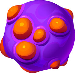 Poster - Cartoon fantasy alien space planet, galaxy game asset with purple surface dotted with vibrant orange bumps. Vector unique celestial body at night starry sky conveys a sense of wonder and exploration