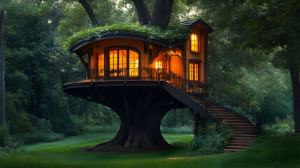 Canvas Print - A charming treehouse with warm lights in a lush forest setting.