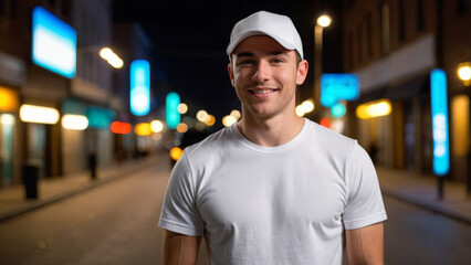 Wall Mural - Young man wearing white t-shirt and white baseball cap standing on the street at night