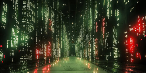 Digital binary code data streaming on a dark background