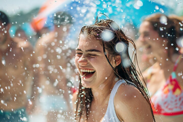 Wall Mural - Young woman laughing and enjoying water splashes at a lively pool party, surrounded by friends, summertime fun