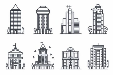 Abstract City buildings silhouette icon logotype and architecture buildings thin line vector illustration on white background