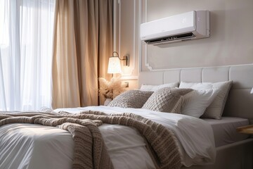 Fototapete - A stylish living room features an air conditioner on the wall, complementing the cozy decor and abundant natural light streaming through the large windows. Generative AI