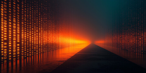 Digital binary code data streaming on a dark background