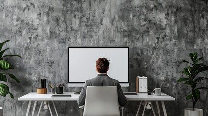 Poster - Man working on computer at a white desk in a modern office with a grey concrete wall