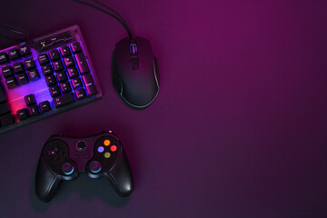 Wall Mural - Computer mouse, RGB keyboard and game controller in neon lights on dark background, flat lay. Space for text