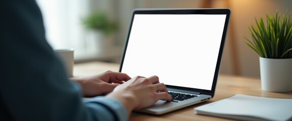 Mockup of Person Working on Laptop with White Screen for Website or App Design