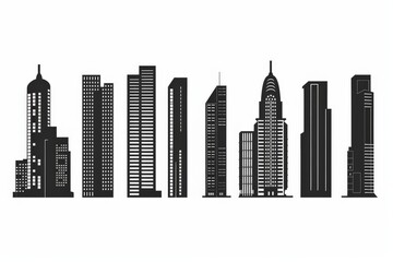 Wall Mural - Flat black skyscrapers and building silhouettes icon logo, architecture line icons illustration on a white background