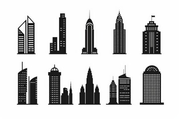 Wall Mural - Flat black skyscrapers and building silhouettes icon logo, architecture line icons illustration on a white background