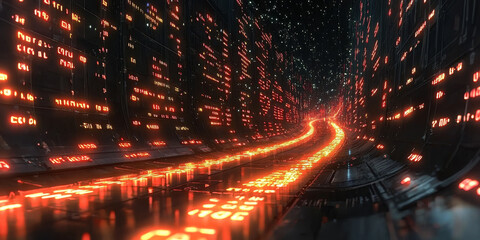 Digital binary code data streaming on a dark background