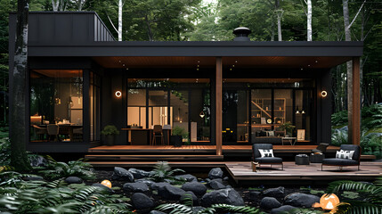 Poster - Modern Black Cabin with Wooden Deck in Forest Illustration