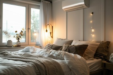 Poster - A stylish living room with a wall-mounted air conditioner, showcasing a cozy ambiance with soft lighting and elegant decor elements. Generative AI