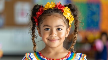 portrait of a young girl wearing traditional mexican dress with flowers in her hair smiling joyfully.