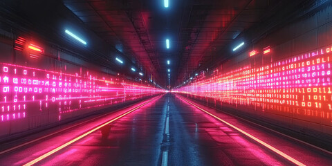 Digital binary code data streaming on a dark background