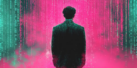 Digital binary code data streaming on a dark background