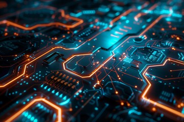 Circuit Board with Glowing Orange and Blue Lines for your background business, poster, wallpaper, banner, backdrop, greeting cards, and advertising for business entities or brands.