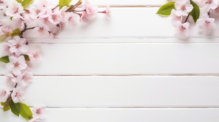 Wall Mural - Spring cherry blossom background with wooden board