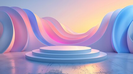 Fashion display podium in front of an abstract 3D background copy space, contemporary art theme, surreal, composite, museum exhibit backdrop